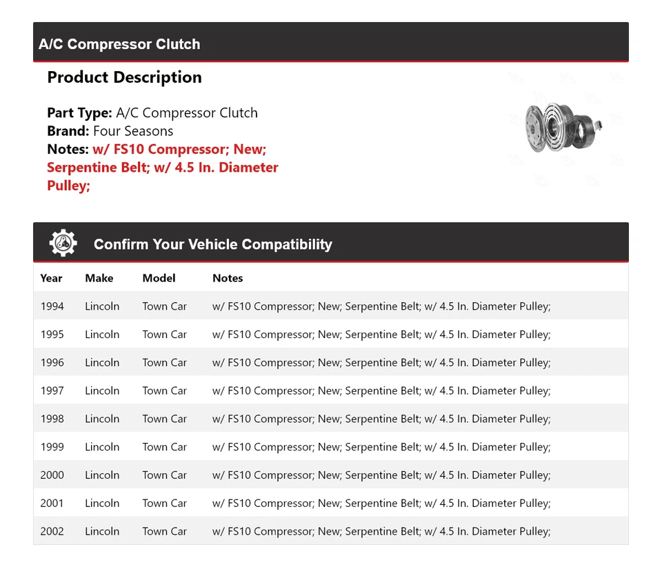 Embrague compresor aire acondicionado Lincoln Town Car 1994-2002 4 estaciones 1995 1996 1997 Foto 2 de 4