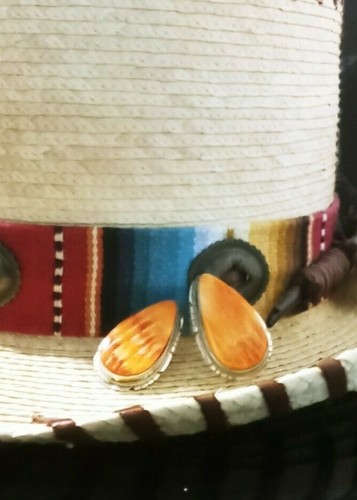 Native American Navajo Orange Spiny Oyster Sterling Silver Signed Earrings - Picture 2 of 12