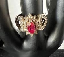 925 Silver Red Marquise Cut  Ring Sz 7.5 Hearts CZ CRP
