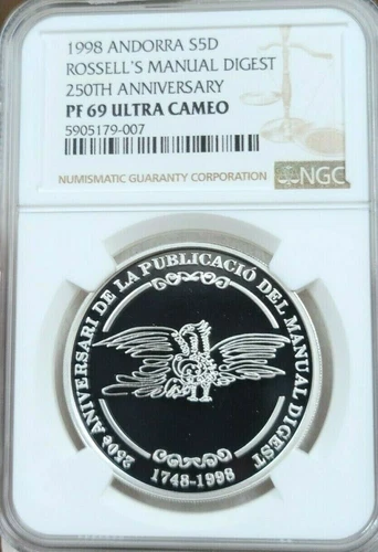 1998 ANDORRA SILVER 5 DINERS ROSSELLS MANUAL DIGEST ANNIV NGC PF 69 ULTRA CAMEO