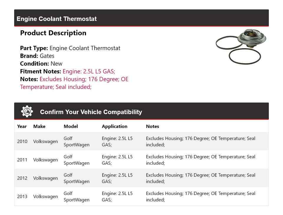 For 2010-2013 Volkswagen Golf SportWagen Engine Coolant Thermostat Gates 2011 - Image 2 of 4