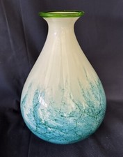 Hand Blown Art Glass Vase Teal Green Blue Hues Ocean 9.5  X 7  EUC