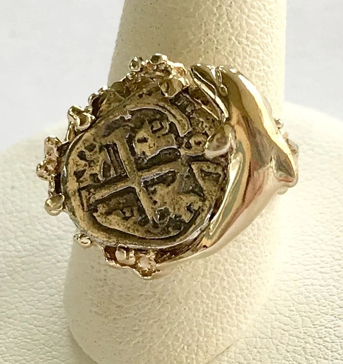 ATOCHA Coin Ring 14k Gold Coral Dolphin Sunken Treasure Shipwreck