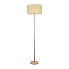 Wooden Stem Floor Lamp Light Wood XL Wicker Effect Drum Lampshade Shade LED Bulb