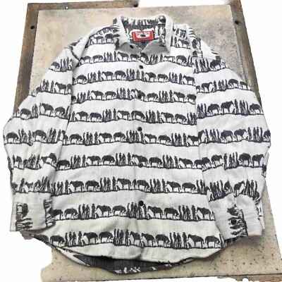 Vintage True Grit Shirt Men L Cream Textured Flannel Cowboy Horses Y2K 90s USA