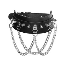 Women Punk Wide Faux Leather Collar Rivet Chain Choker Necklace Adjustable Gift