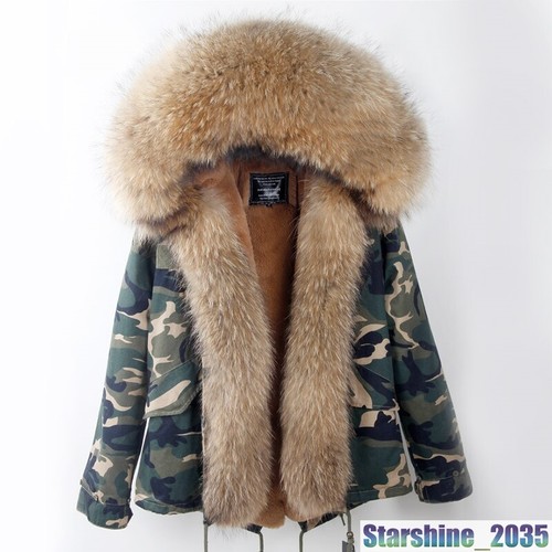 Chic Women Large Real Fur Collar Hood Coat Warm Jackets Short Parka Furry Winter - Picture 24 of 41