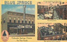 COLORADO SPRINGS COLORADO BLUE SPRUCE RESTAURANT LINEN POSTCARD