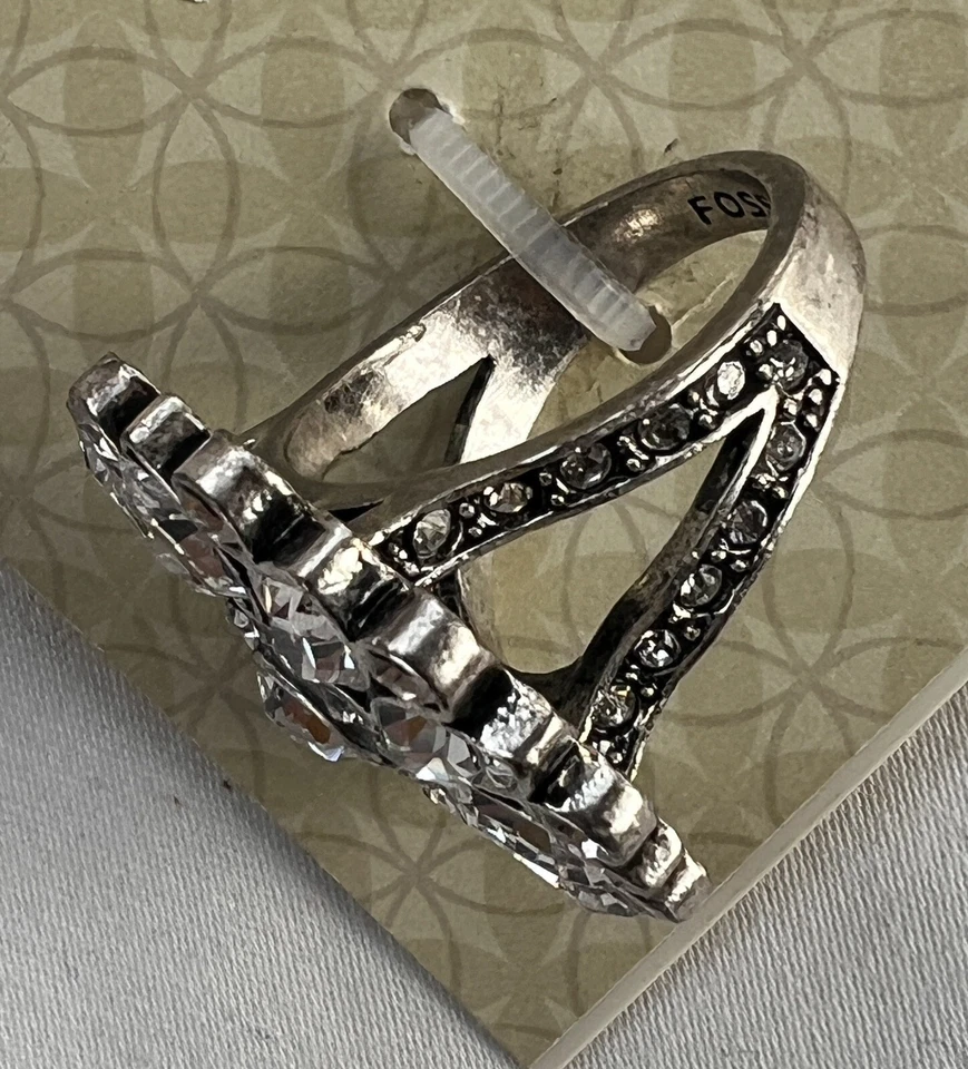 Anillo de cóctel fósil piedras de vidrio brillantes flor de margarita declaración tono plata talla 8 Foto 4 de 4