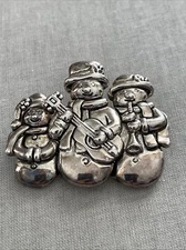Vintage Signed MJ Snowmen Trio Music Instruments Silver Tone Brooch