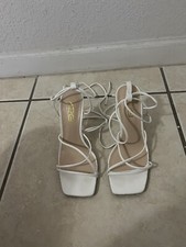 White Strappy Lace Up Square Toe Bridal Heels