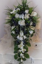 Wedding Flowers Large Bridal Teardrop/ Bouquet in Navy Blue and Ivory