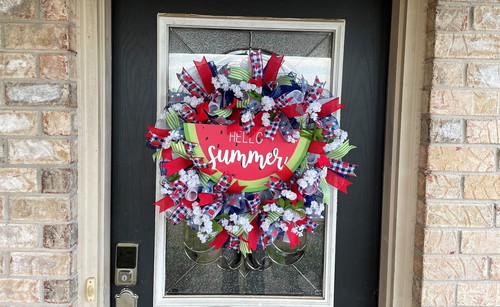 Hello Summer Watermelon Floral Patriotic Memorial Day 4th of July Mesh Wreath - Picture 4 of 6