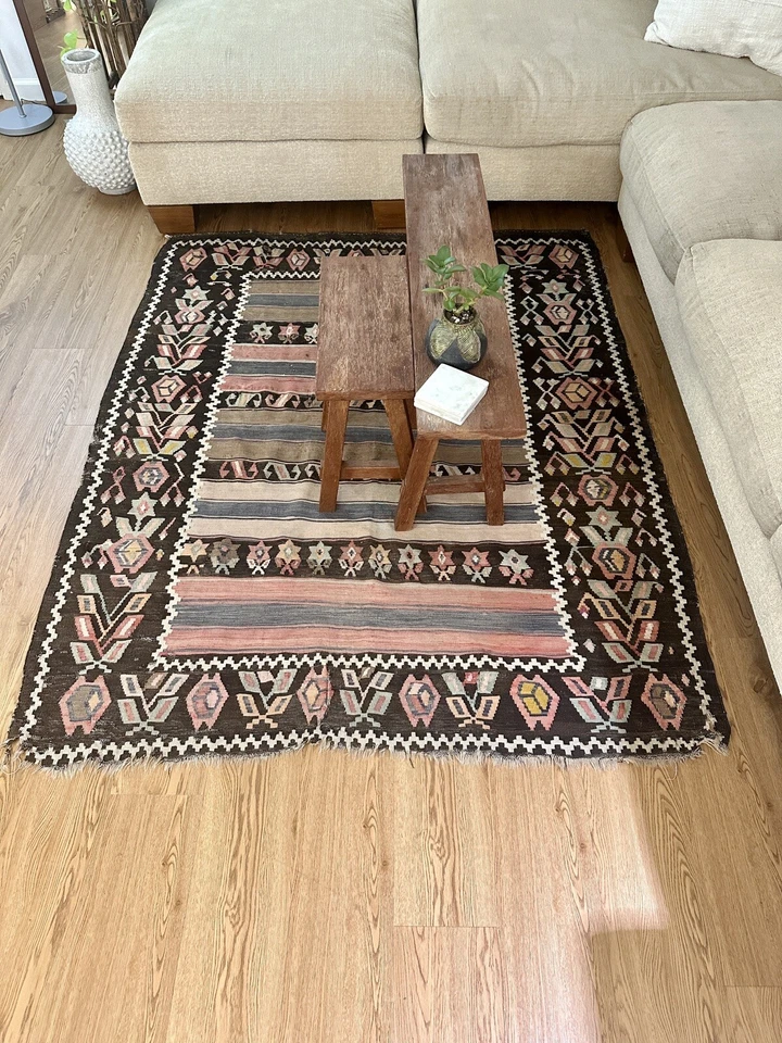 Tapete de área Kilim reversível vintage 5 pés x 6 pés decoração de tapete de lã tecido plano - Imagem 2 de 4