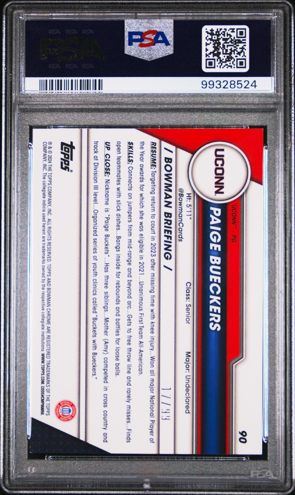 2023 Bowman U Chrome Sapphire Paige Bueckers #90 Green 17/99 PSA 9 MINT view 2