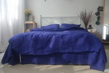 Blue Organic Linen Bedding Duvet Cover 2 Pillowcases set With Zipper Closure.
