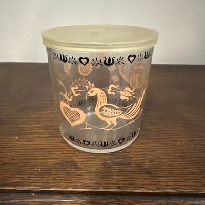 VINTAGE HAZEL ATLAS GLASS AMISH FOLK ART E Z FREEZE COTTAGE CHEESE JAR With Lid