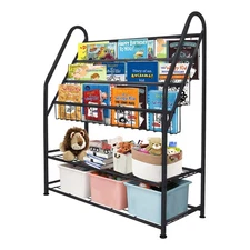 Metal Kids Bookshelf Black Large Freestanding Toy Organizer 32 Inch