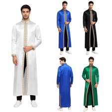Men Gown Gold Trim Thobe Islamic Costume Church Muslim Robe Baptismal Mock Neck
