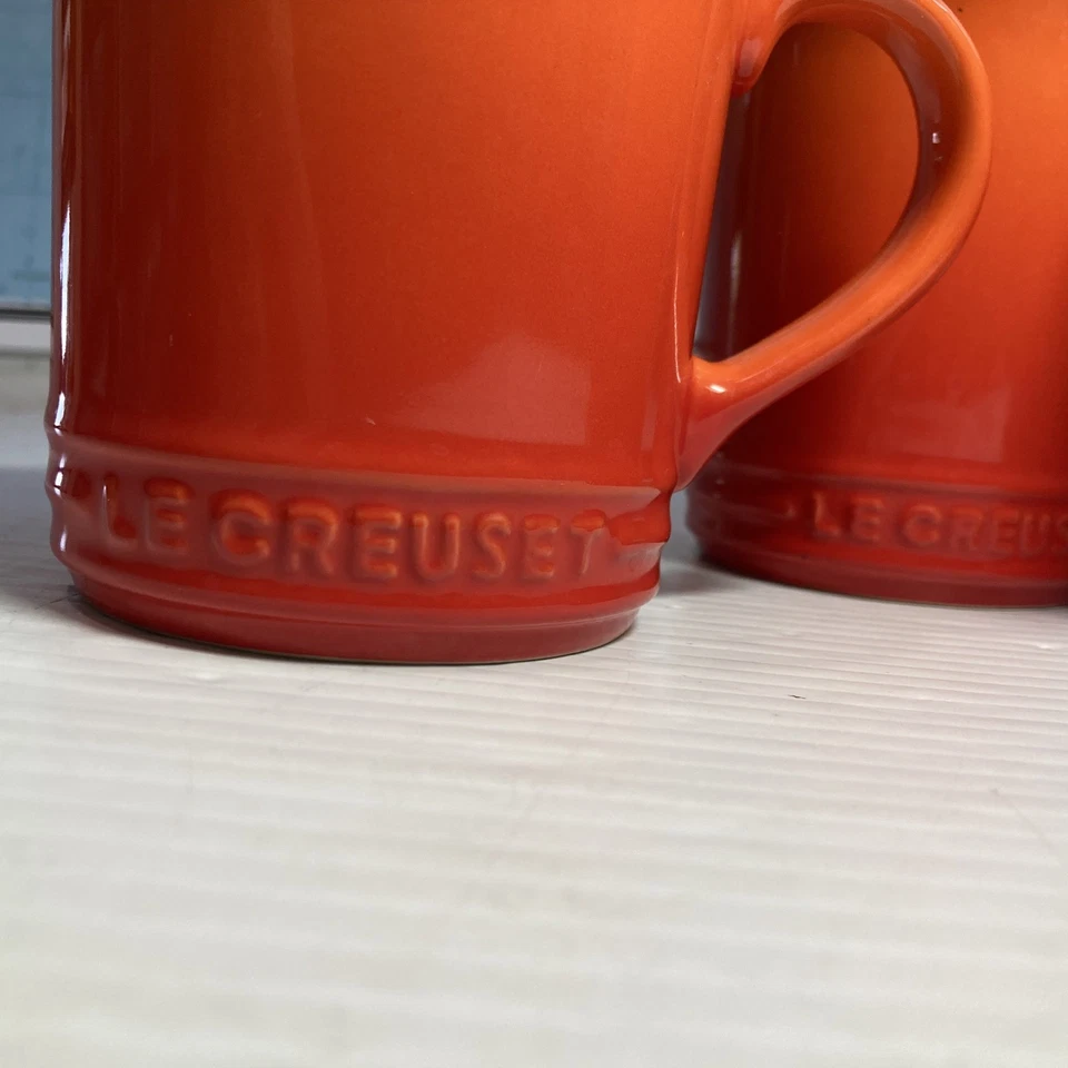 Le Creuset 12 oz Flame Orange Stoneware Mugs Set Of 3 Coffee Cups - Image 3 of 4