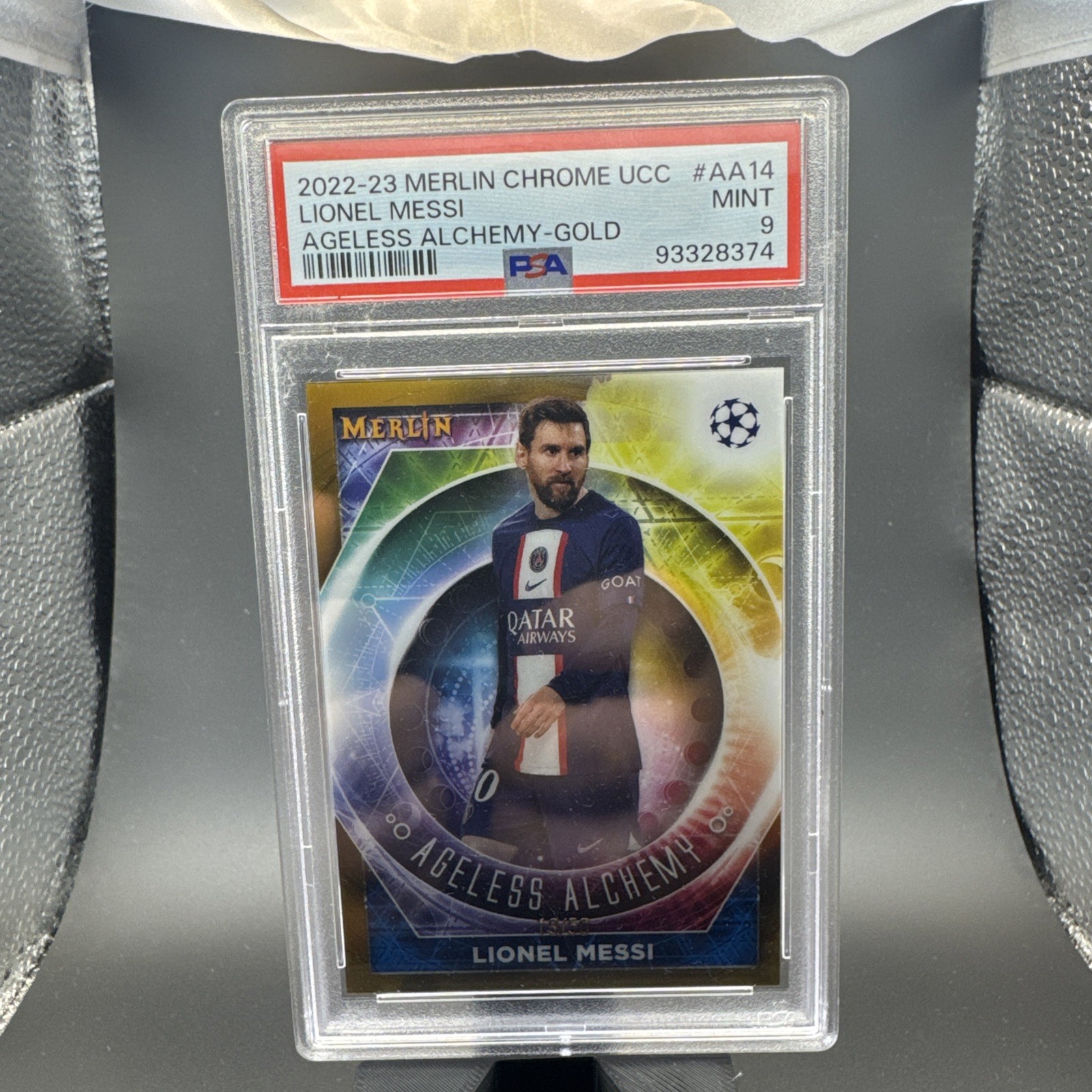 2022-23 Topps Merlin Chrome UEFA Ageless Alchemy Lionel Messi Gold Ref /50 PSA 9 view 2