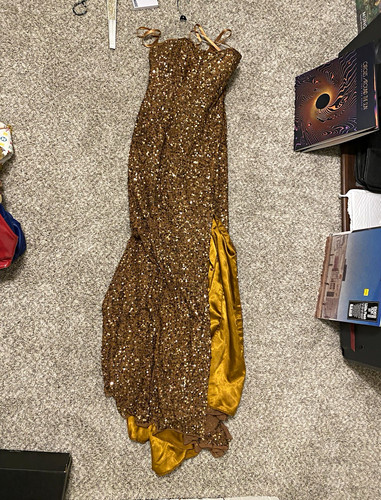 BG Haute Gold Sequin Corset Strapless Maxi Dress Lined with Silk Sz 6