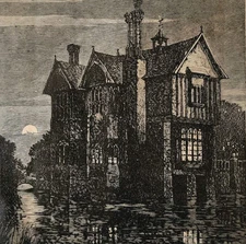 1881 Woodcut Print Lacy Hall Moonlight Night View Victorian Landscape Art DWQQ20