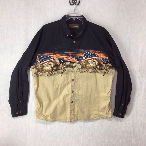 Bit And Bridle Men’s Large USA Flag Wild Horses All Over Cowboy Button Down - Picture 2 of 7