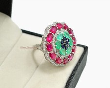 Natural Ruby Emerald Sapphire Gemstone 925 Sterling Silver Engagement Ring