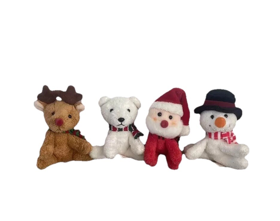 4 Plush Christmas Toys 3” - Reindeer, Snowman, Polar Bear, Santa Claus