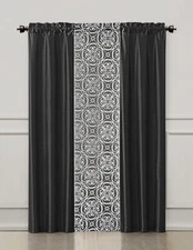 Black 3 Piece Window Curtain Set : 2 Faux Silk Panels and 1 Printed Voile/sheer