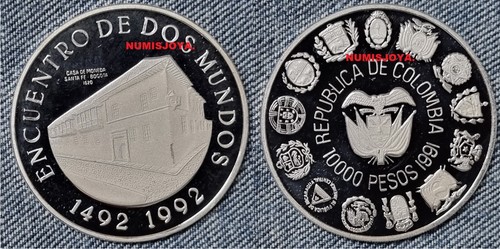 COLOMBIA 10000 PESOS PLATA PROOF AÑO 1991 1ª SERIE IBEROAMERICANA DOS MUNDOS. - Bild 1 von 3