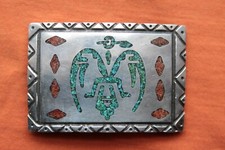 Vintage Hand Made Sterling Silver Turquoise Coral Thunderbird Inlay Belt Buckle