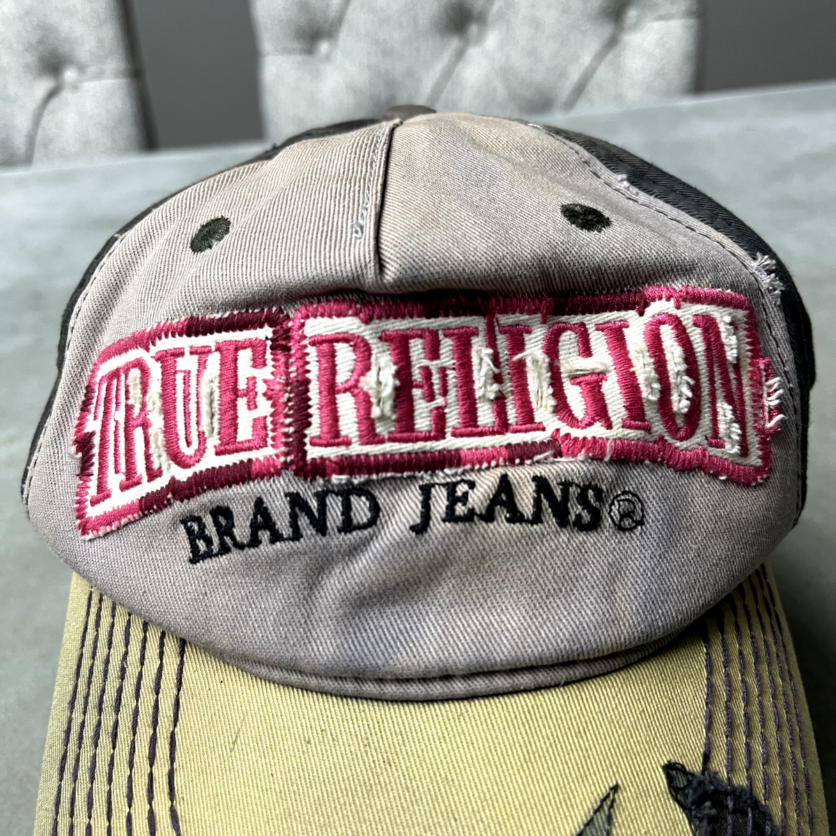Vintage True Religion Hat Cap Strap Back Distressed Spell Out Logo