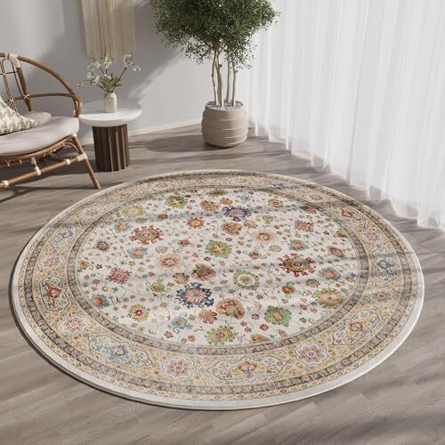 Round Rug 4ft Washable Circle Rug Non Slip Low Pile Boho 4ft Round Colorful - Picture 7 of 8