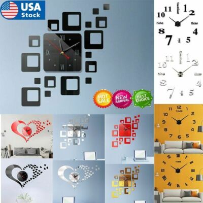 3D Mirror Surface Large Wall Clock Modern DIY Sticker Home Decor Art Design Big