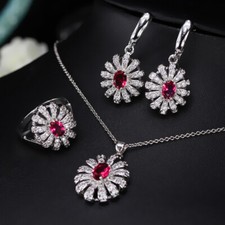Silver Plated Sunflower Jewelry Set Women Cubic Zirconia Earrings Necklace Ring