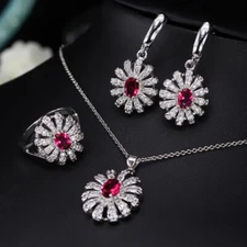 Silver Plated Sunflower Jewelry Set Women Cubic Zirconia Earrings Necklace Ring
