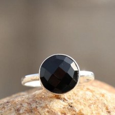 Faceted Black Onyx 925 Sterling Silver Round Shaped Handmade Genuine Ring