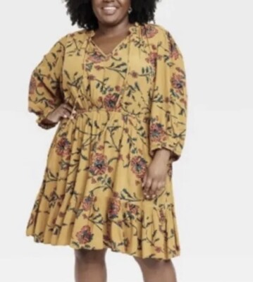 ￼Knox Rose Women s 3/4 Sleeve Keyhole Floral Print Folkloric Mini Dress Gold 4X