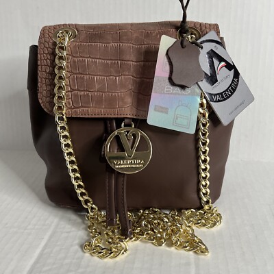 NWT VALENTINA Made in ITALY 2 Tone Brown Leather Croc Flap Backpack Chain Straps NWT VALENTINA Made in ITALY 2 Tone Brown Leather Crocs Flap  main image 3