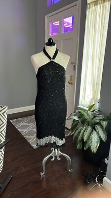 Scala - 48880 Lattice Beaded Halter Sheath Dress
