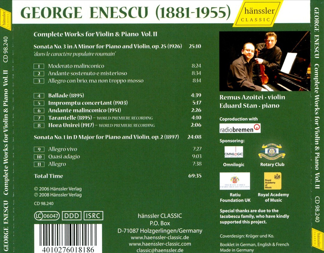 Remus Azotei & George Enescu Complete Violin & Piano Works Vol 2 CD