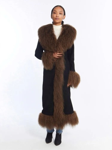 Mongolian Faux Fur Coat, long Faux Fur Coat Mongolian Long Fur and Suede - Picture 8 of 23