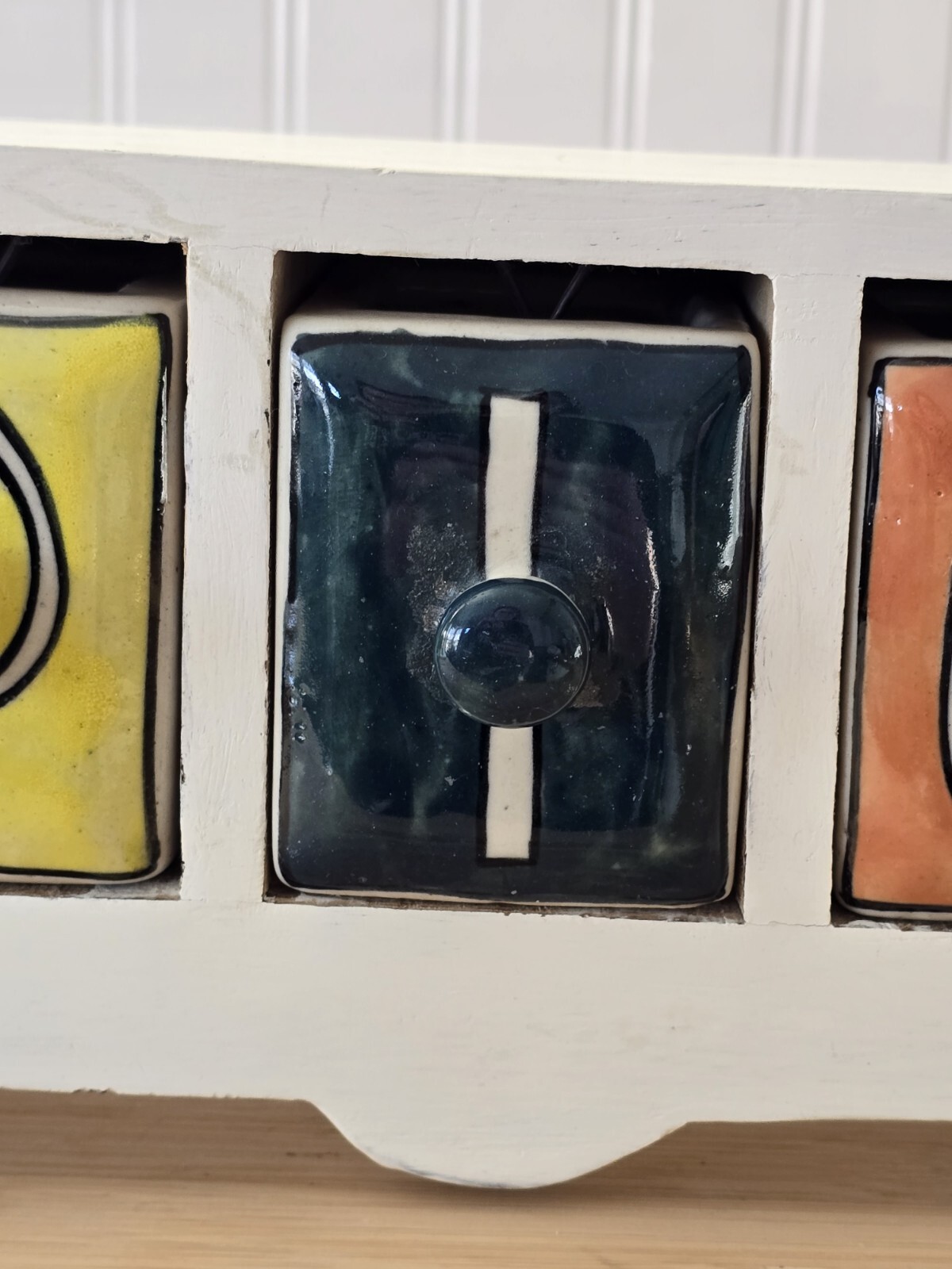 Wooden Spice Caddy Stand Cabinet 15" 5 Ceramic Spice Drawers Fuctional & Decor 