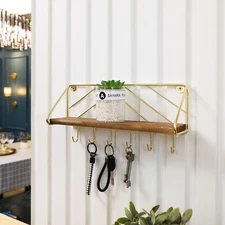 Modern Brass Metal & Burnt Wood Key Holder Rack w/ Hook & Floating Display Shelf