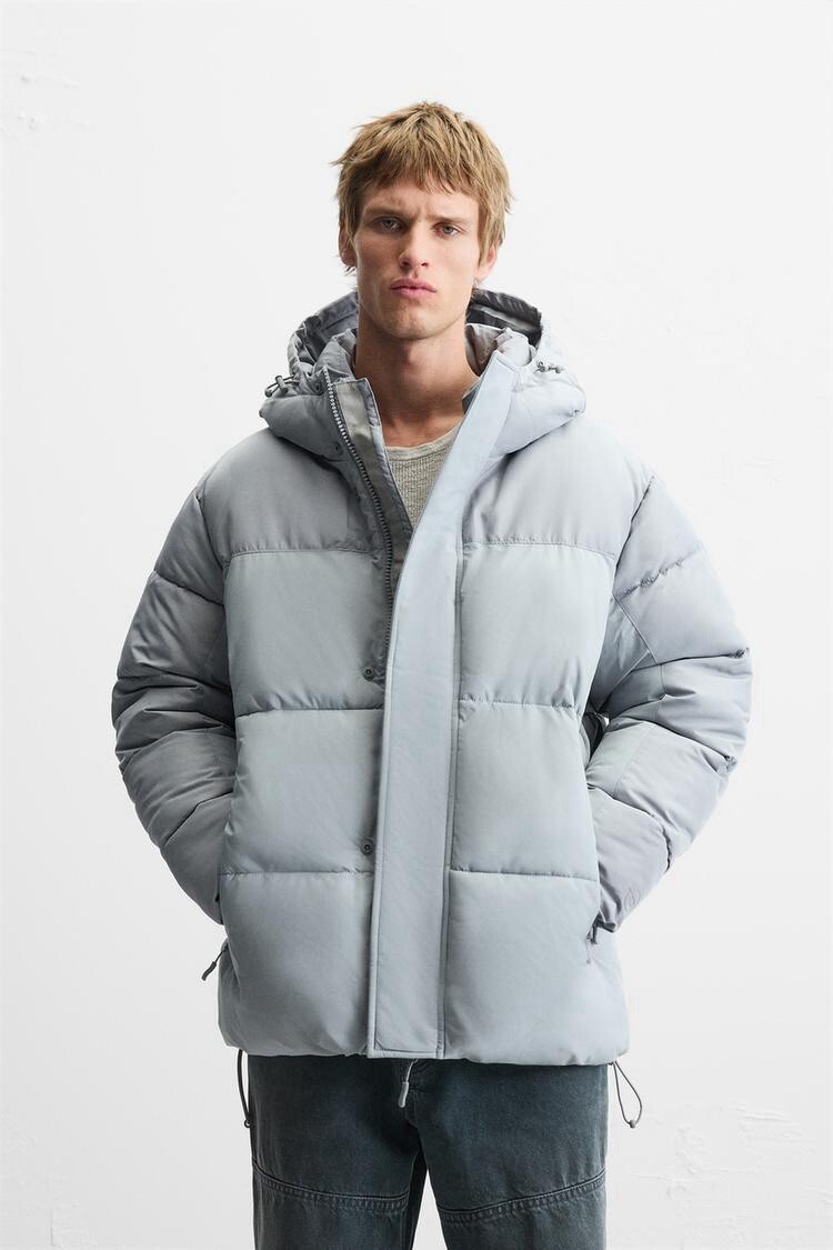 Zara Men's HOODED QUILTED JACKET 6985/321 In Light Gray Size M New