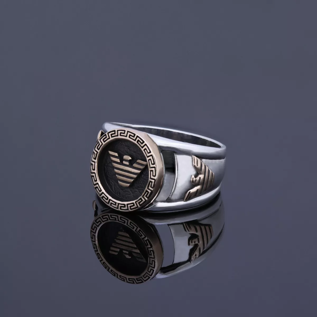 Emporio Armani Men Silver Emblem Ring Exclusive Signet Symbol Custom Jewelry 925