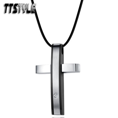 TTstyle Silver/Black 316 Stainless Steel Cross With CZ Pendant Necklace NEW TTstyle Silver/Black 316 Stainless Steel Cross With CZ Pendant Necklace NEW