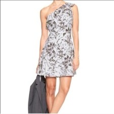 "BANANA REPUBLIC" WHITE/GRAY FLORAL ONE SHOULDER RUFFLE A LINE DRESS SZE: 12 NWT